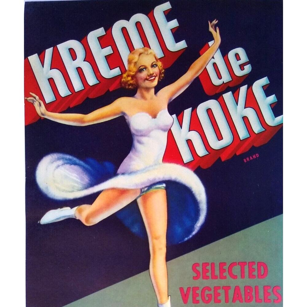 Kreme De Koke Fruit Crate Label Ice Figure Skating Lady Original Vintage 1940's